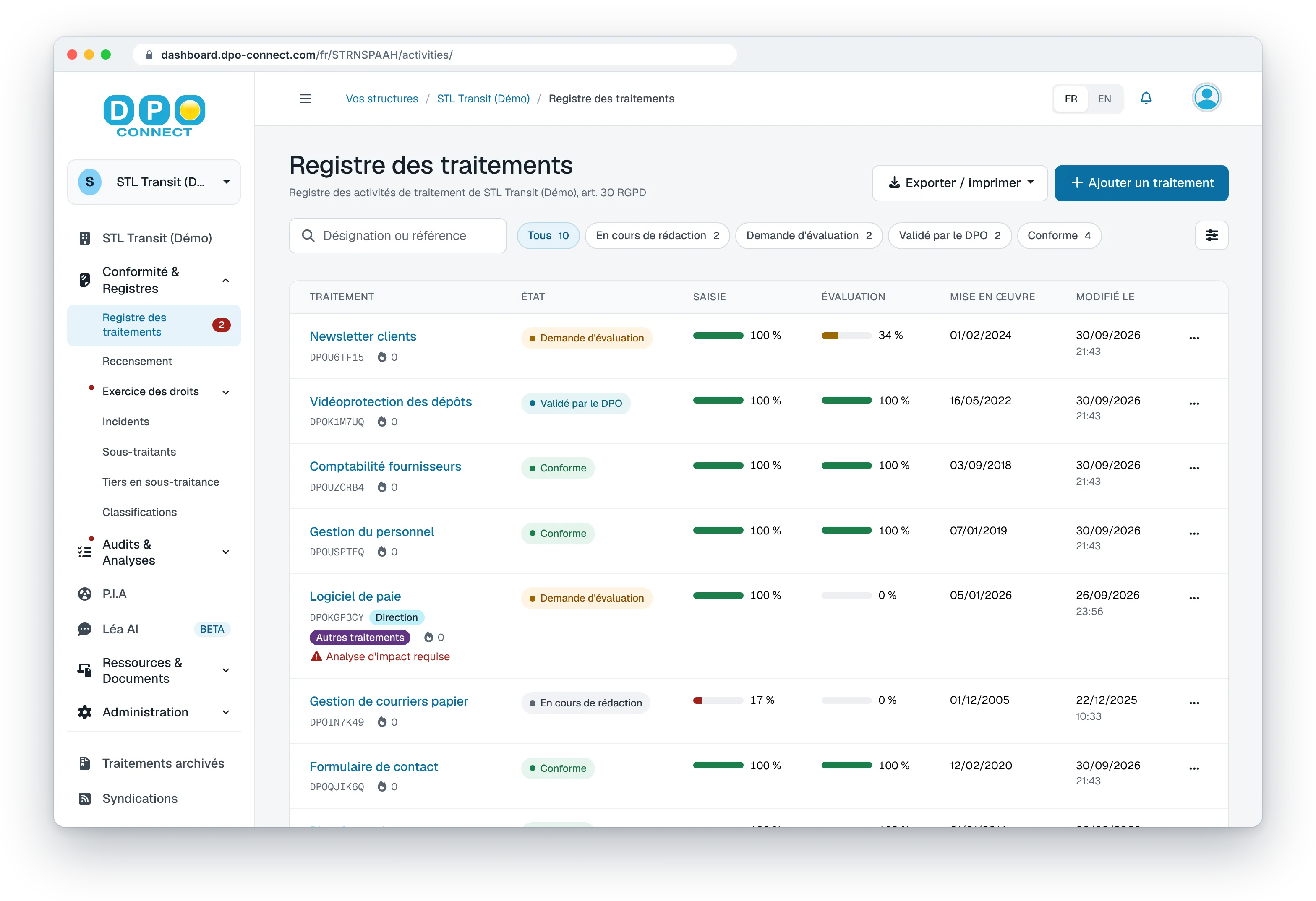 Registre des traitements dans DPO Connect