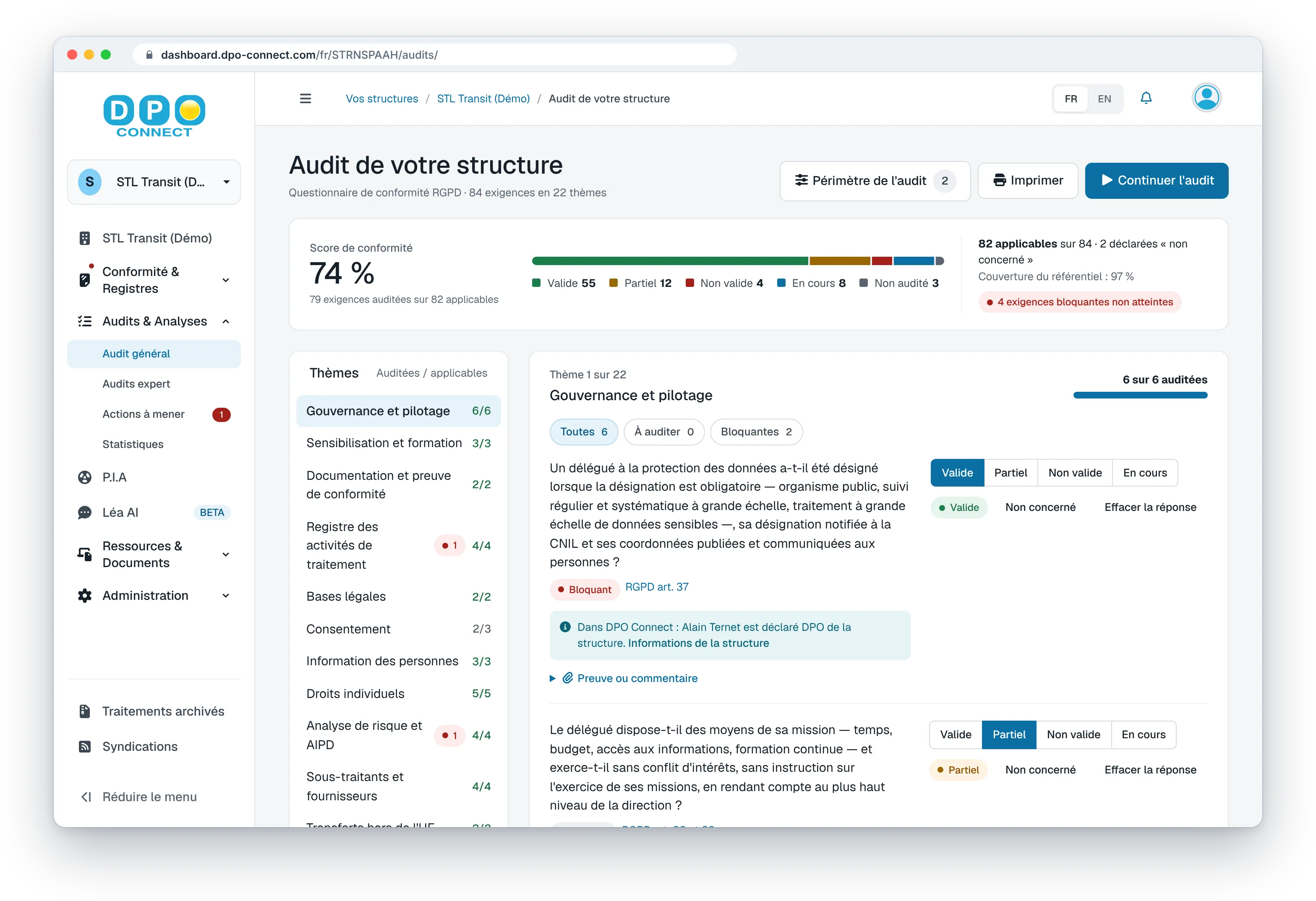 Audit général DPO Connect : score de conformité et exigences restantes