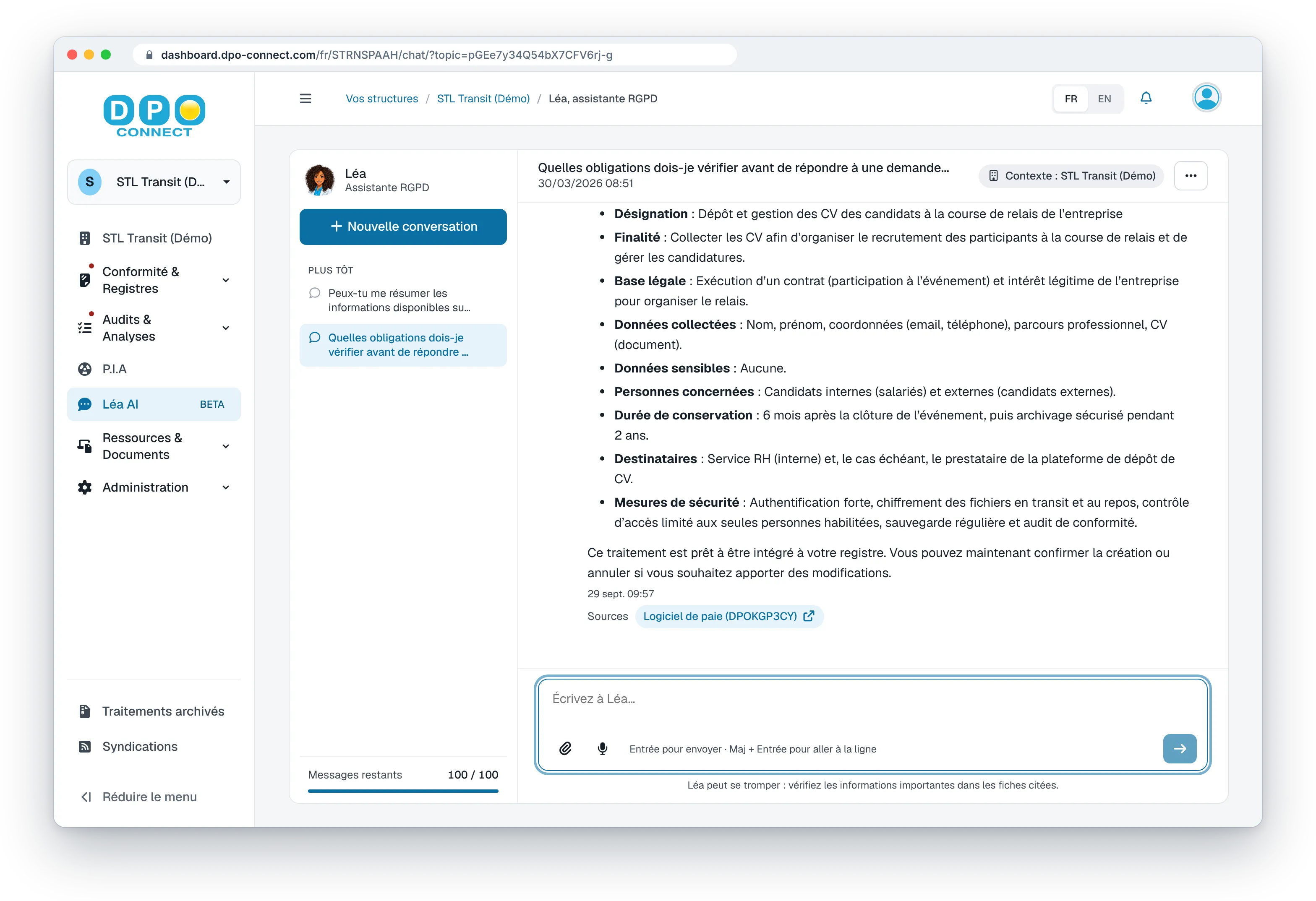 Léa, l’agent IA de DPO Connect, répond avec sources citées